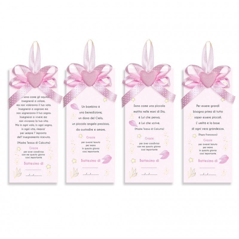 Kit 4 Segnalibro Bomboniere Segnaposto Bimba, Battesimo Rosa